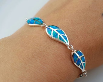 Leaf Bracelet In Sterling Silver, Blue Opal Bracelet, Everyday, Simple, Gift For Her