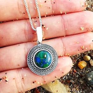 Silver Round Pendant with Beautiful Eilat Stone From Israel, Blue Green Gemstone, King Solomon Stone