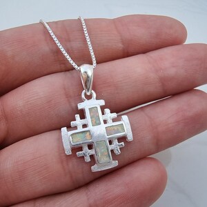 White Opal Jerusalem Cross, Crusaders Cross From the Holy Land, Templar Necklace, Classic 5 Fold Cross, Holy Land Cross for girl women