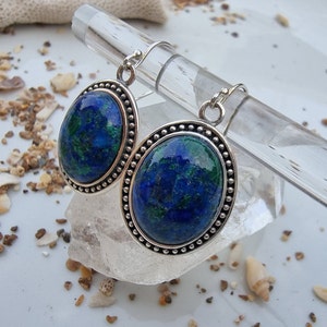 Large Sterling Silver Lapis Eilat Stone Earrings ,Oval Shaped Eilat Stone Earrings, King Solomon Stone from Israel