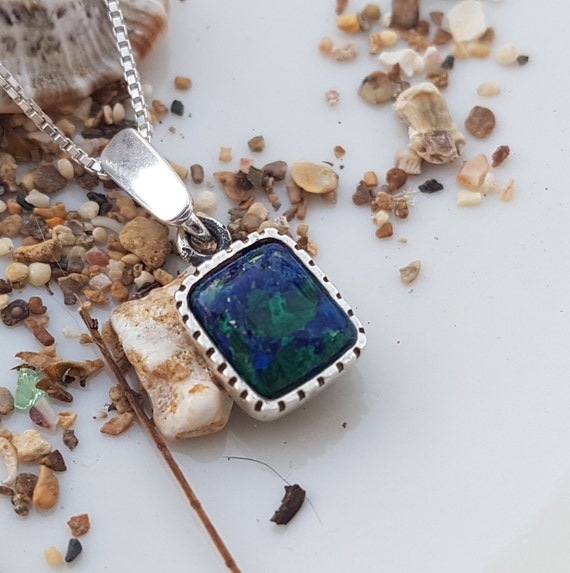 Lapis Eilat Stone Necklace Square Pendant Blue Green Stone Pendant Solomon Stone Israeli Jewelry Etsy Ireland