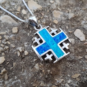 Opal Jerusalem Cross 925 Sterling Silver Pendant Necklace, Crusaders Cross, Christian Jewelry