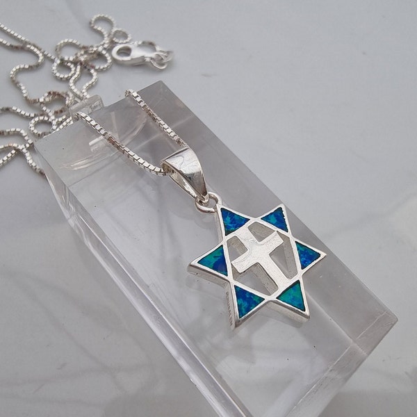 Blue White Sterling Silver David Star With A Cross Inside, Two Sides Opal Pendant, Messianic symbol, Jewish Chirstian pendant, Faith jewelry