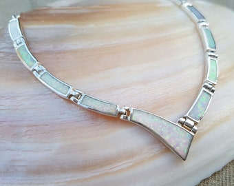 Sterling Silver white Opal necklace, V shape Necklace, Gift for Her