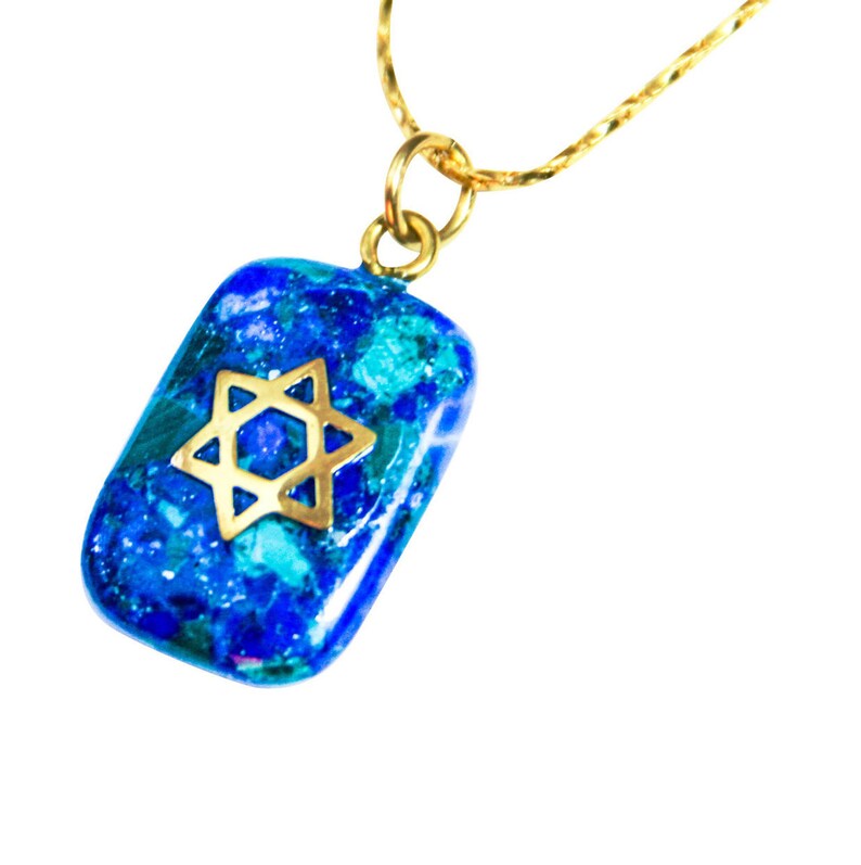 May include: A gold chain necklace with a blue and green pendant featuring a gold Star of David.