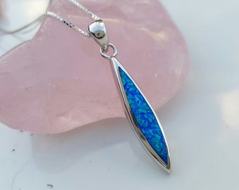 Sterling Silver Eye shape Blue Opal pendant, Fire Opal Necklace,Fire Opal Pendant, Blue Gemstone Pendant, Gift for Her