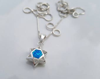 Sterling Silver Star of David Necklace: Blue Opal Magen David Pendant
