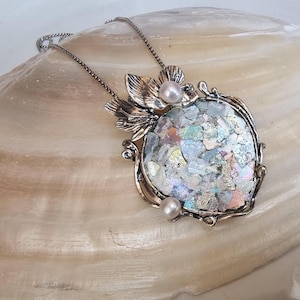 Roman Glass And Pearls Necklace, Ancient Roman Glass, Historical Glass Jewelry, Patina Roman Glass Pendant, Sterling Silver 925
