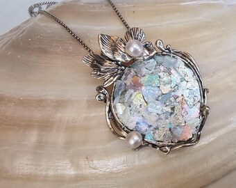 Oud-Romeins glas en parelketting: sterlingzilveren historische hanger