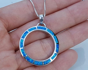 Sterling Silver Blue Opal Circle Pendant Necklace