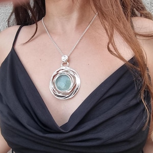 Large Sterling Silver Roman Glass Necklace, Ancient Roman Glass, Historical Glass Jewelry, Light Green Roman Glass Pendant From Israel