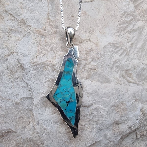 Sterling Silver Map Of Israel Pendant With Turquoise Eilat Stone From Israel, Israel Map Necklace