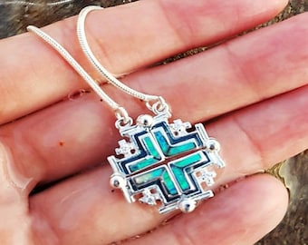 Collar con cruz de Jerusalén de plata abatible con ópalo, cruz de cinco pliegues, cruz de ópalo de fuego, cruz cristiana de Tierra Santa