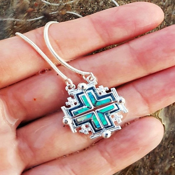 Aufklappbare Silber-Jerusalem-Kreuz-Halskette mit Opal, 5-fach Kreuz, Feueropal-Kreuz, christliches Kreuz aus dem Heiligen Land