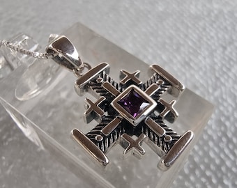 Large Authentic Jerusalem Cross with Amethyst Gemstone, Cross From Israel, Templar Necklace, Classic 5 Fold Cross, Amethyst Cross for Men