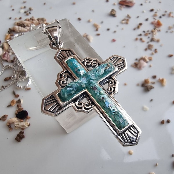 925 Sterling Silver Cross With Roman Glass, Patina Ancient Glass From Israel, Otiental Silver Cross For Men Women, made In Israel