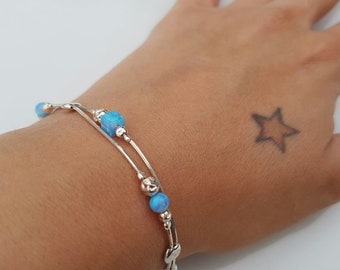 Blue Fire Opal Beads Bracelet, Tiny Minimalist Beaded design, Real Gemstone, Thin Chain armband, Genunie Opal Gemstone