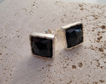Onyx Stud Earrings, Sterling Silver 925, Natural Onyx Gemstone, Square Stud Earrings, Everyday Earrings, Black Onyx