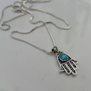Sterling Silver Opal Hamsa, Hand of God Pendant, Good luck Charm, Blue Opal Necklace, Hand of Fatima Necklace, Minimalist Hamsa, Khamsa