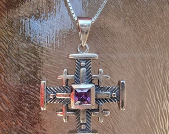 Large Authentic Jerusalem Cross with Amethyst Gemstone, Cross From Israel, Templar Necklace, Classic 5 Fold Cross, Amethyst Cross for Men