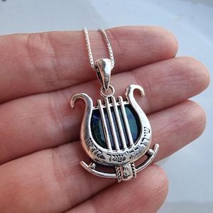 Eilat Stone &#39;King David Harp&#39; Engraved Sterling Silver Necklace  &#39;Sing to the LORD a New Song&#39; in Hebrew, Made in Israel