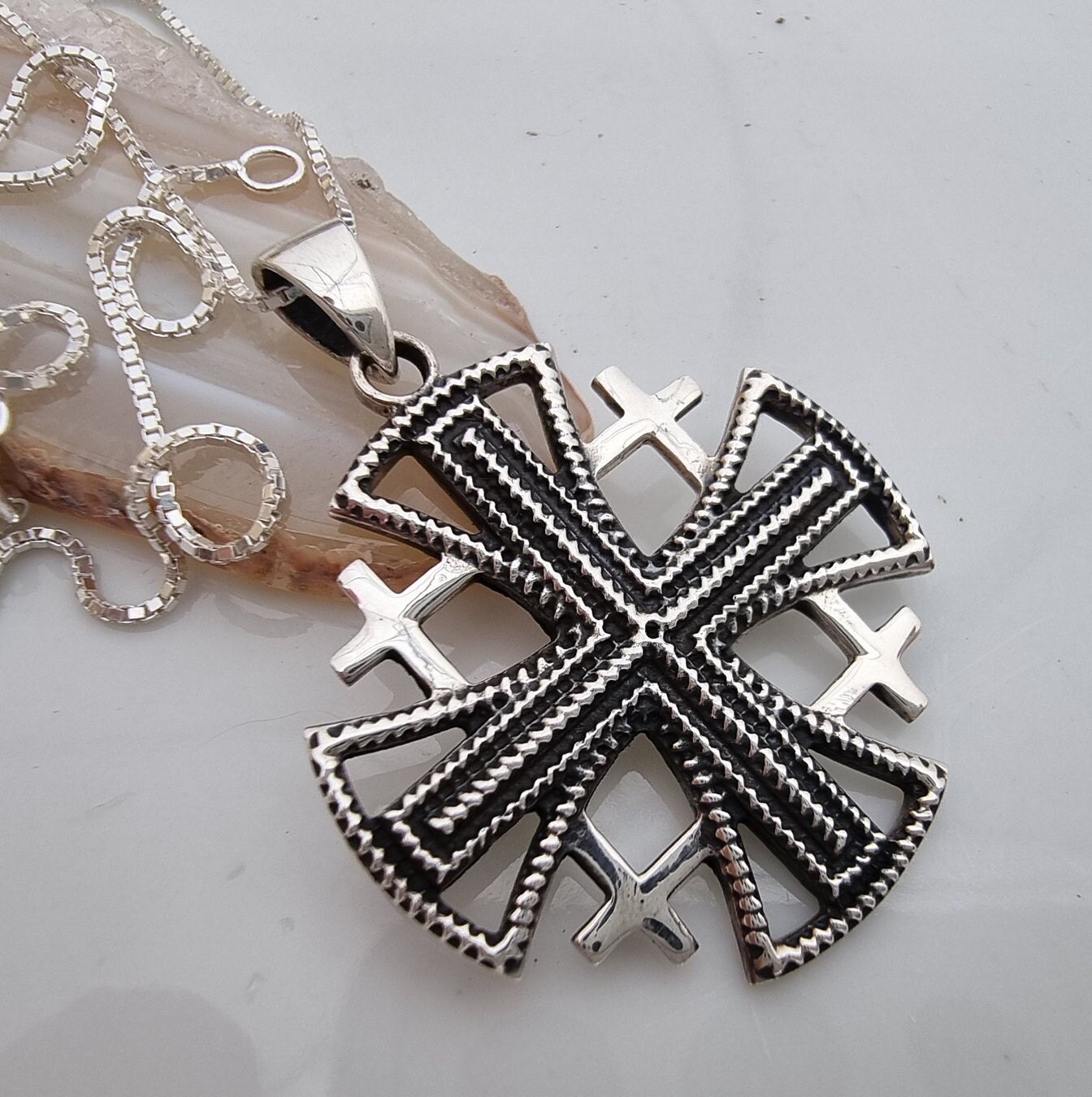 925 Sterling Silver Jerusalem Cross Fivefold Cross Crusaders Cross Emblem Medal Pendant Necklace A12
