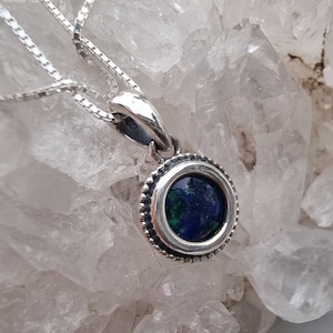 Small Round Shape Eilat Stone Pendant With Filefree Design, Sterling Silver 925, King Solomon Stone, Lapis Pendant, Vintage Style