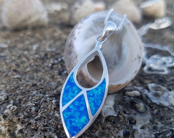 Sterling Silver Blue Fire Opal Pendant Necklace - October Birthstone