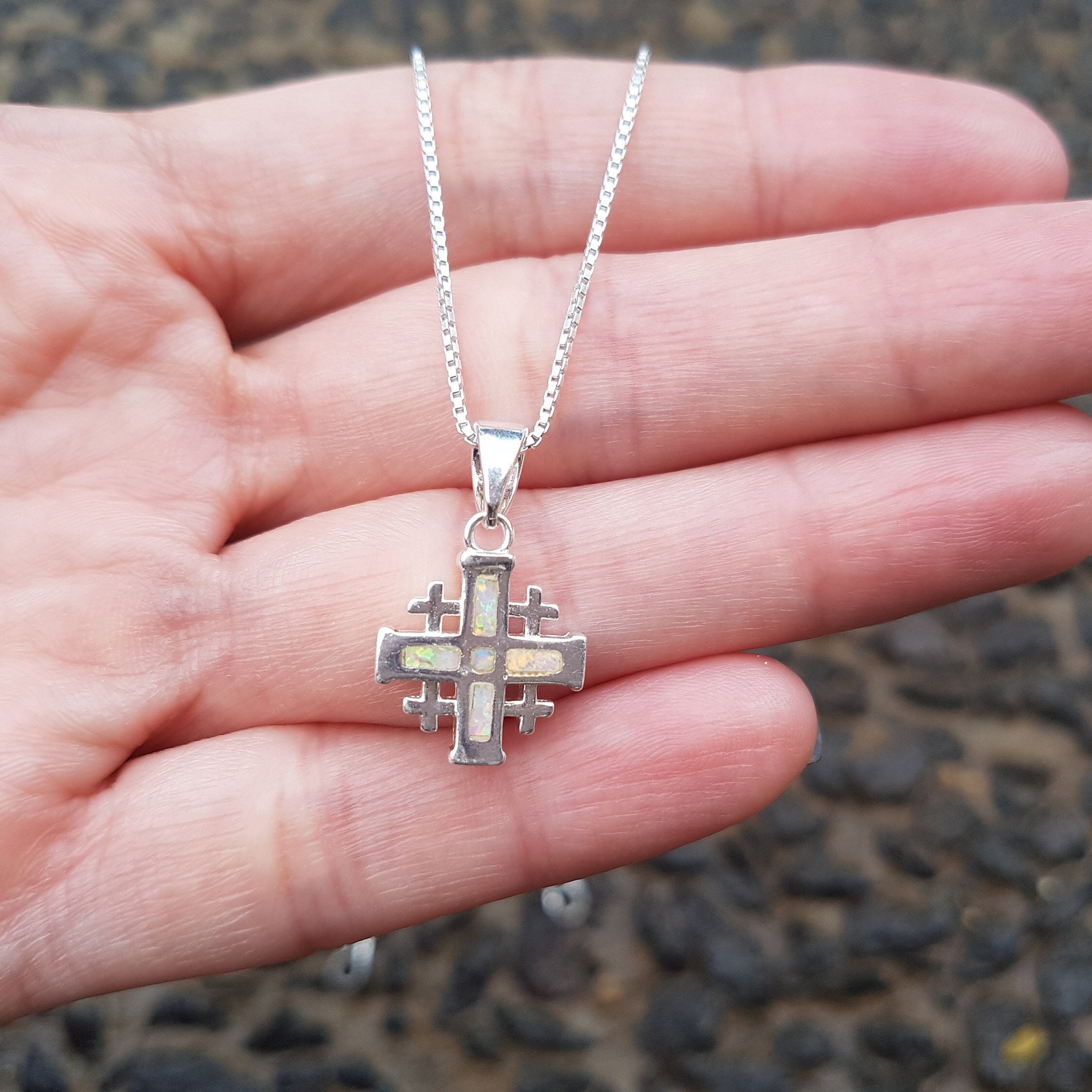 Silver Jerusalem Cross Pendant With White Opal Crusaders Etsy