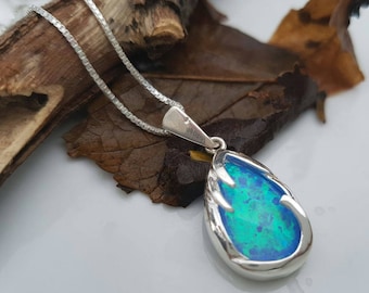 925 Sterling Silver Teardrop Pendant with Opal, Blue Gemstone Necklace, Blue Opal Pendant, October Birthstone, Gift for Her