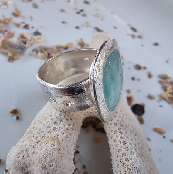 Ancient Roman Glass Ring Hammered Sterling Silver Rectangle Shape Ancient Roman Glass Ring Hammered Sterling Silver Rectangle Shape