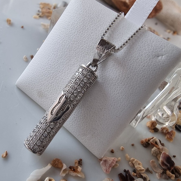 925 Sterling Silver Mezuzah Necklace Zirconia Kabbalah Protection Necklace, Sterling Silver Mezuzah Pendant, Israel Jewelry