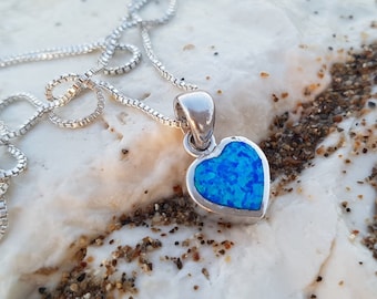 Blue Opal Heart Necklace, Sterling Silver Blue Opal Necklace, October Birthstone, Blue Opal Pendant