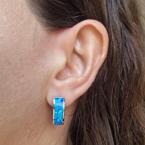 925 Sterling Silver Earrings, Classic Opal Earrings, Blue Opal, Flashy Fire Opal, Hoop Opal Earrings