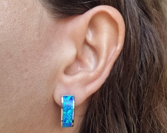 925 Sterling Silver Earrings, Classic Opal Earrings, Blue Opal, Flashy Fire Opal, Hoop Opal Earrings