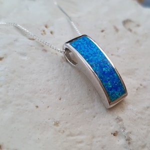 Rectangular Silver Pendant, Blue Opal Pendant, 925 sterling Silver uncluding Silver Chain, Fire Opal Necklace