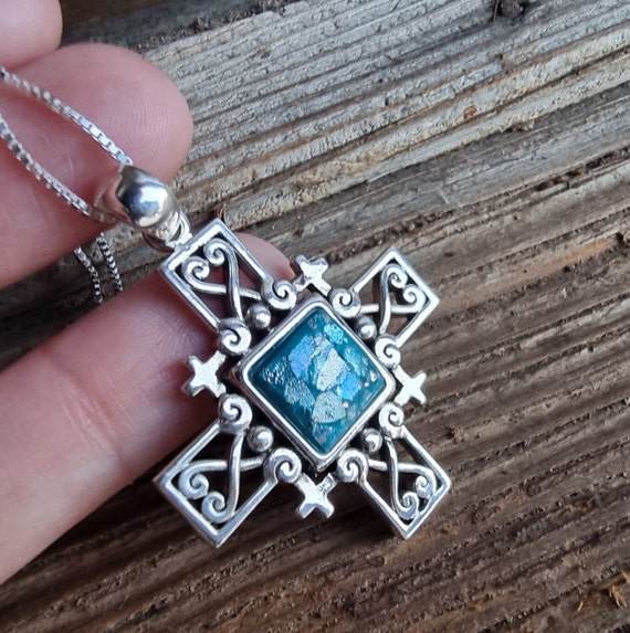 Ciondolo Croce Di Gerusalemme In Argento 925 Con Vetro Romano Antico - David Shamay Jewelry - Foto 2
