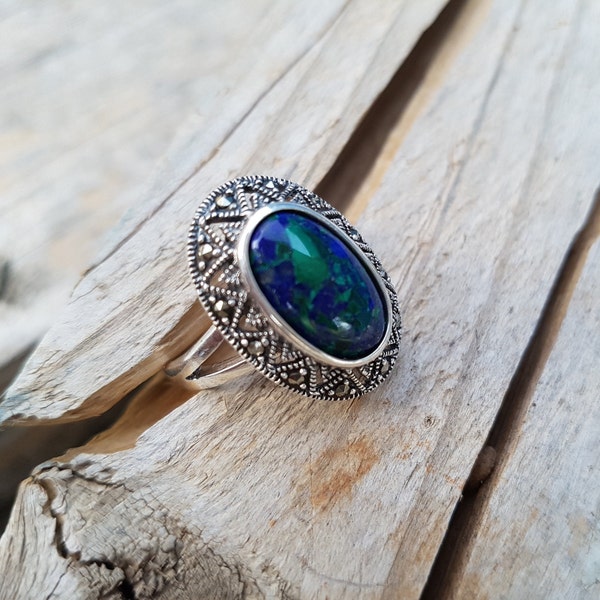 925 Sterling Silver Lapis - Eilat Stone Ring With Marcasite, Azurite Marcasite Ring, Cadeau Femme