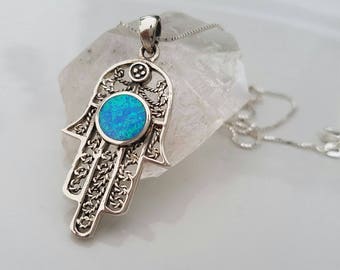 Sterling Silver Hamsa Opal Pendant, Hand of Fatima Necklace, Good Luck Charm