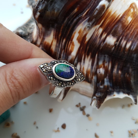 Vintage Silver Ring: Lapis Eilat Stone & Marcasite