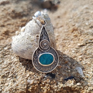 Oriental Silver Pendant with Eilat Stone, Turquoise pendant Necklace,  King Solomon Stone