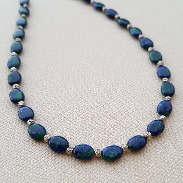 Lapis - Eilat Stone Silver Necklace, Beaded Necklace, Eilat Stone Jewelry, Stone from Israel, Natural Blue Green Gemstone Necklace