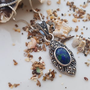 Sterling Silver Lapis Eilat Stone Pendant, Marcasite Pendant, King Solomon Stone