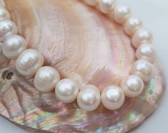 Freshwater Pearl Necklace: 10mm White Pearl Beads, Gold-Filled Clasp