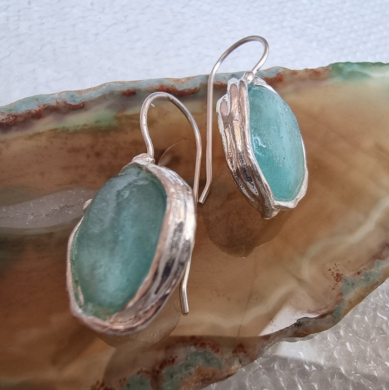 Green Roman Glass Earrings, 925 Sterling Silver Earrings,Archaeological Glass, Classic Ancient Glass Earrings for Women