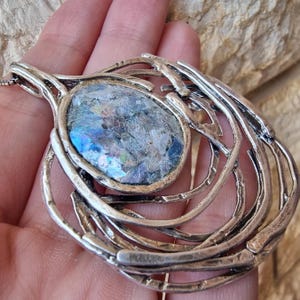 Large Sterling Silver Roman Glass Necklace, Ancient Roman Glass, Historical Glass Jewelry, Patina Roman Glass Pendant