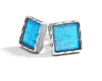 925 sterling Silver Earring, Natural Opal Stone, Blue Gemstone Stone,Stud Opal Earrings,  Gift for Her