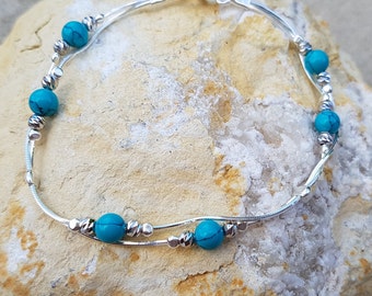 Pulsera turquesa hecha a mano en plata de ley 925, piedra preciosa turquesa natural, pulsera para mujeres y niñas.