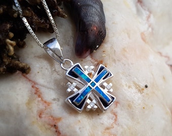 Sterling Silver Opal Jerusalem Five Fold Cross, Holy Land Cross, Crusaders Pendant, Blue Cross, Cross From Israel