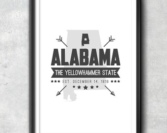 ALABAMA State Badge Print, Typography Poster, Alabama Poster, Alabama Art, Alabama Gift, Alabama Decor, Alabama Print, Alabama State